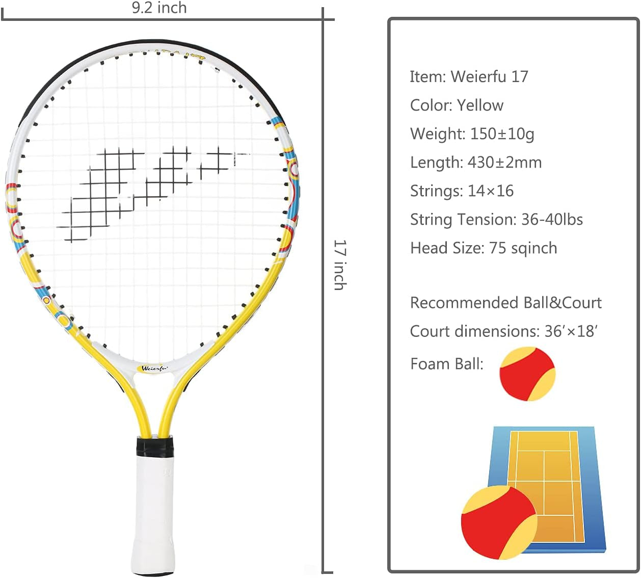 Junior Tennis Racket for Kids Toddlers Starter Racket 17" with Cover Bag Light Weight(Strung)