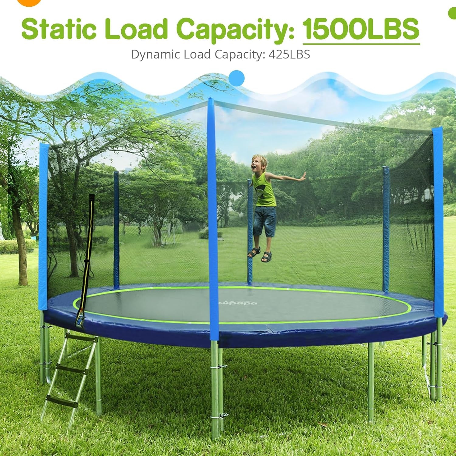 No-Gap Design 16 15 14 12 10FT Trampoline with Safety Enclosure Net and Non-Slip Ladder 10-Year Quality Assurance Perfect for Kids Family Outdoor Backyard Fun
